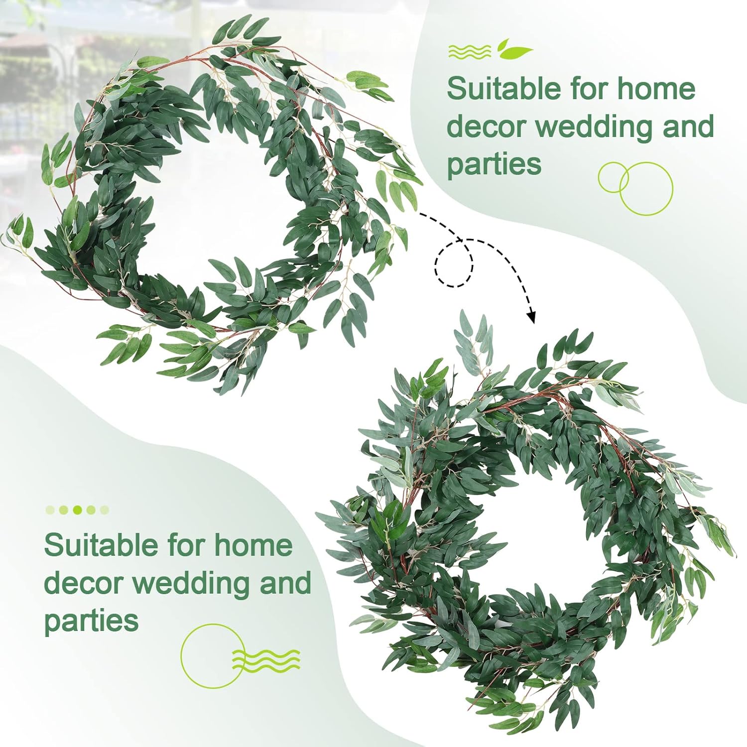 5 Pack 6 ft Artificial Willow Leaves Vine Garland Hanging Greenery Fake Silk Rattan Wicker Twig Italian Ruscus Plant Faux Ivy Wedding Garland for Home Outdoor Table Centerpiece Wreath Arch Decor